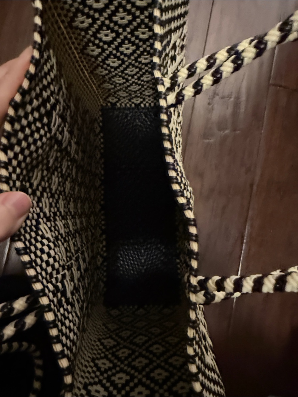 lola Black and Cream Woven Tote with Geometric Pattern - Picture 2 of 2